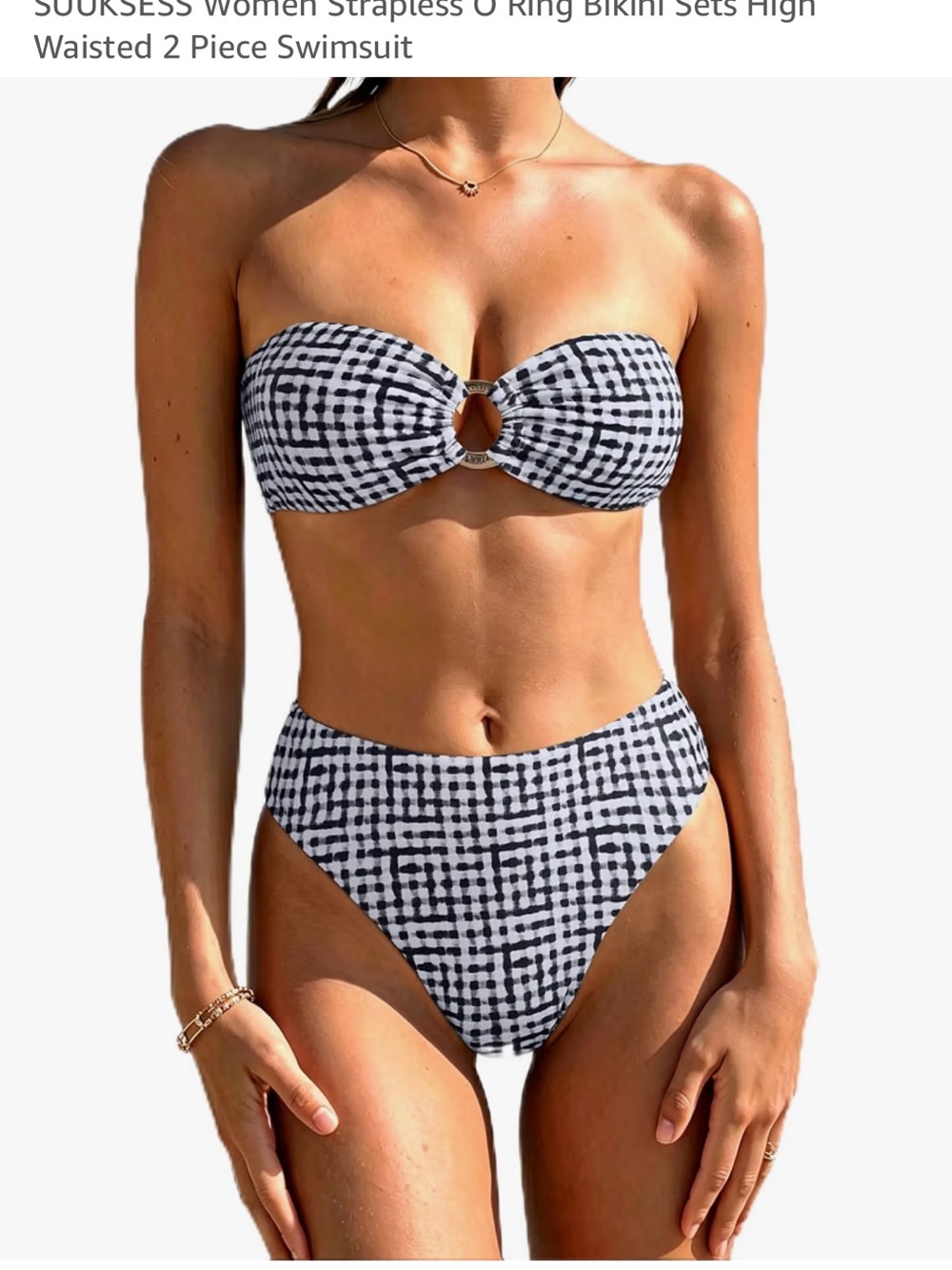 Striped Bandeau High-Waist Bikini Set - Black & White
